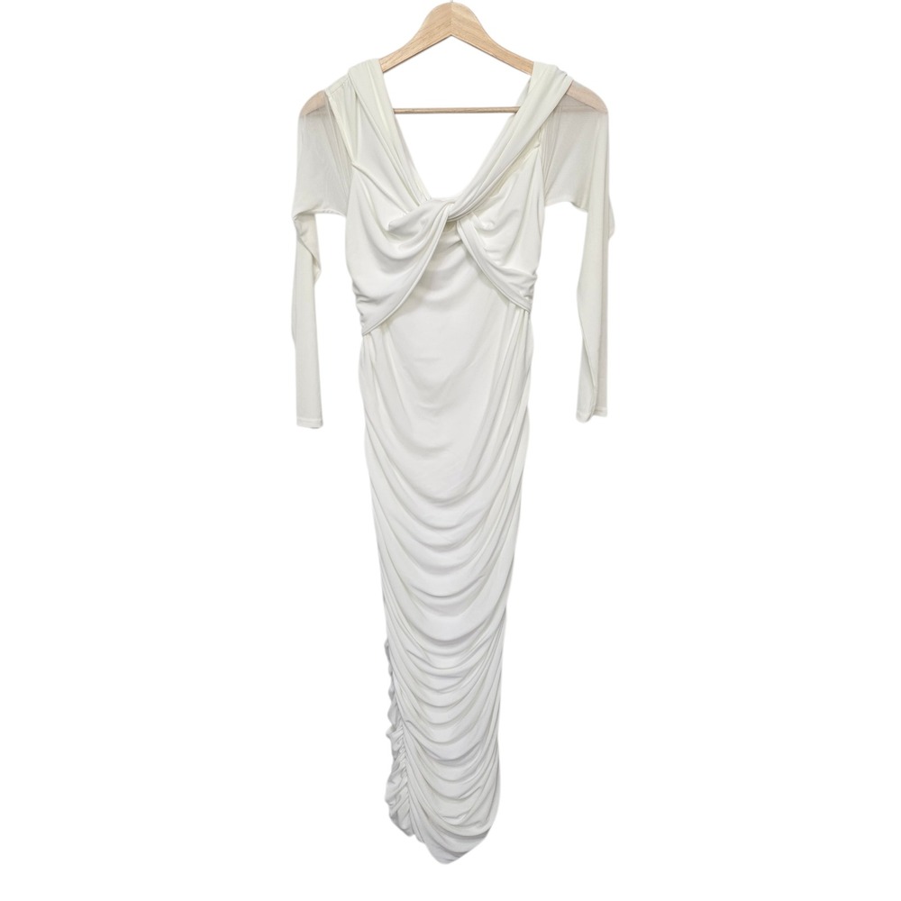 Club L London Neva White Bardot Twist Maternity Midi Dress Ruched US 6 NEW